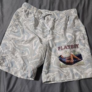PLAYBOY Pacsun Shorts Mens Small Gray Swim Trunks Surf Surfing Logo Board Shorts